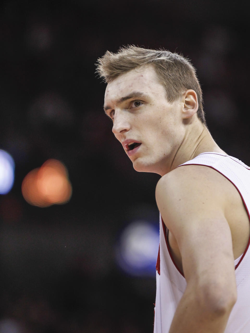 Wisconsin forward Sam Dekker looks at a referee after being called for a foul against Ohio State during the first half of an NCAA college basketball game Saturday, Feb. 1, 2014, in Madison, Wis. Ohio State upset Wisconsin, 59-58. (AP Photo/Andy Manis)