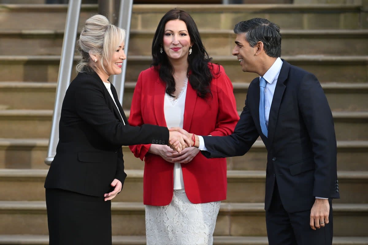 First Minister of Northern Ireland, Michelle O'Neill, and Deputy First Minister of Northern Ireland, Emma Little-Pengelly, greet Prime Minister Rishi Sunak (Getty Images)