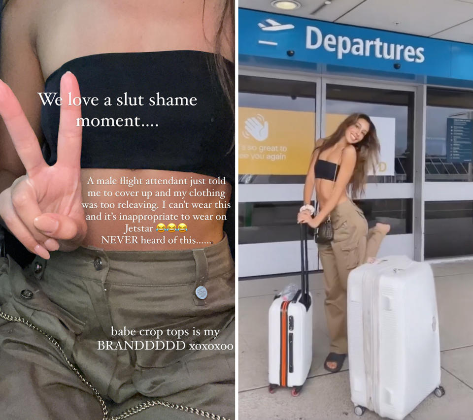 Amelia Marni on the left, a screenshot of her story she is wearing a black crop top and khaki pants. On the right, she is posing with suitcases outside the departure area at the airport. 