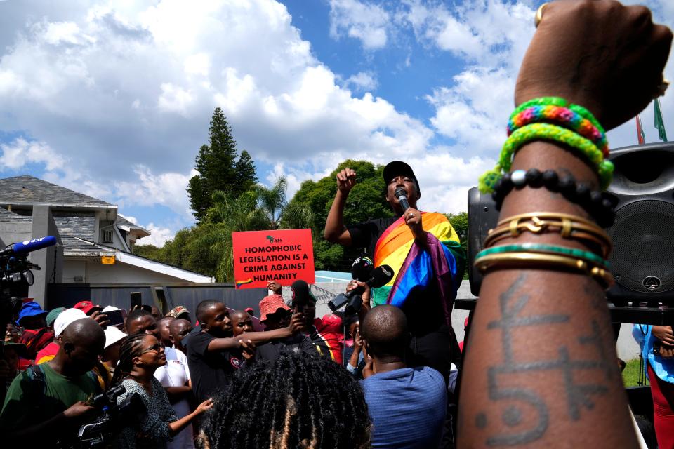 FILE - The Economic Freedom Fighters (EFF) leader Julius Malema speaks during their picket against Uganda's anti-homosexuality bill at the Ugandan High Commission in Pretoria, South Africa on April 4, 2023. Uganda's president Yoweri Museveni has signed into law tough new anti-gay legislation supported by many in the country but widely condemned by rights activists and others abroad, it was announced Monday, May 29, 2023. (AP Photo/Themba Hadebe, File) ORG XMIT: NAI104