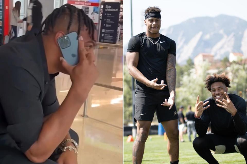 <p>Los Angeles Chargers/Instagram; Brenden Rice/Instagram</p> Brenden Rice receives draft call from Chargers en route to his best friend