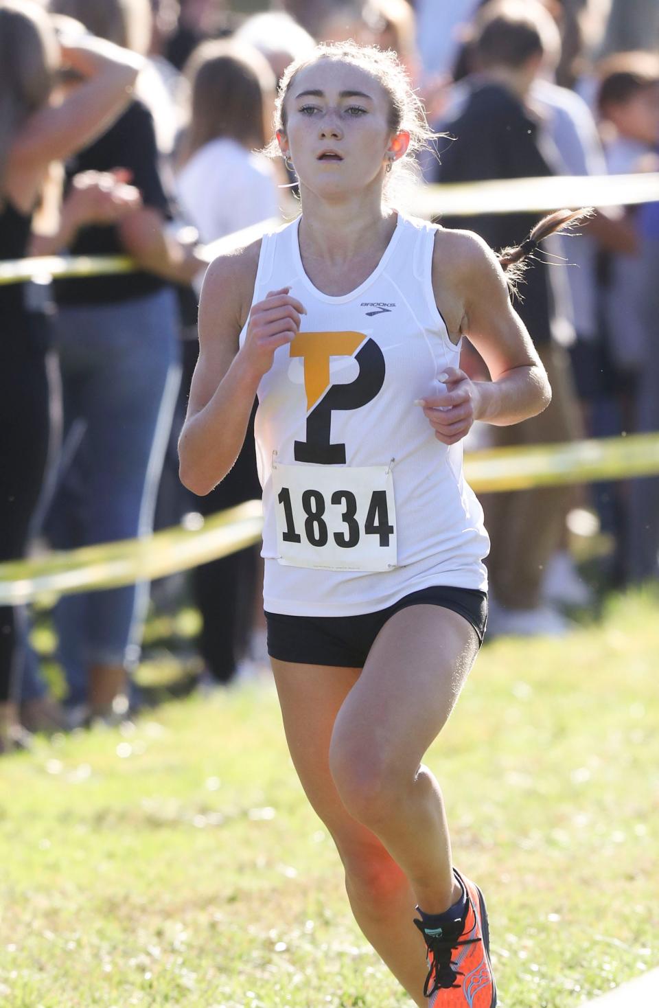 Padua's Mary Flanagan finishes fifth in the Joe O'Neill Cross Country Invitational at Bellevue State Park Friday, Oct. 14, 2022.