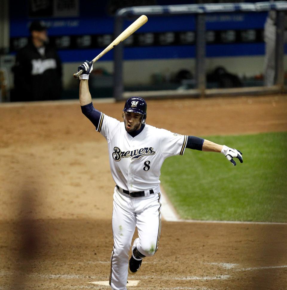 Ryan Braun celebrates his with a three run homer in the bottom of the 8th. The Milwaukee Brewers face the Florida Marlins at Miller Park Friday September 23, 2011.