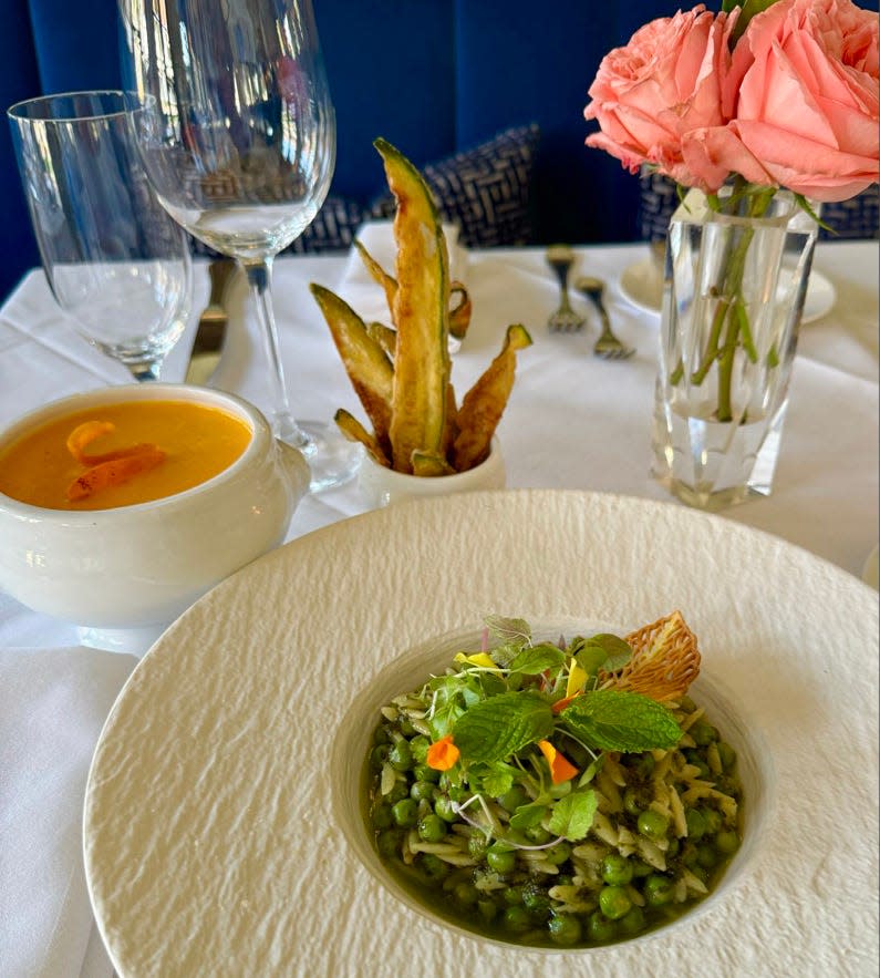 Orzo pasta with peas, basil and mint (foreground) and roasted corn-and-coconut soup (background left) are among Easter specials that will be served at Café L'Europe.