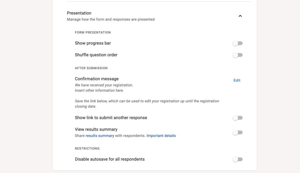 A screenshot shows the Presentations tab of Google Forms, including toggle switches for presentation options like "Show progress bar" and "Shuffle question order."