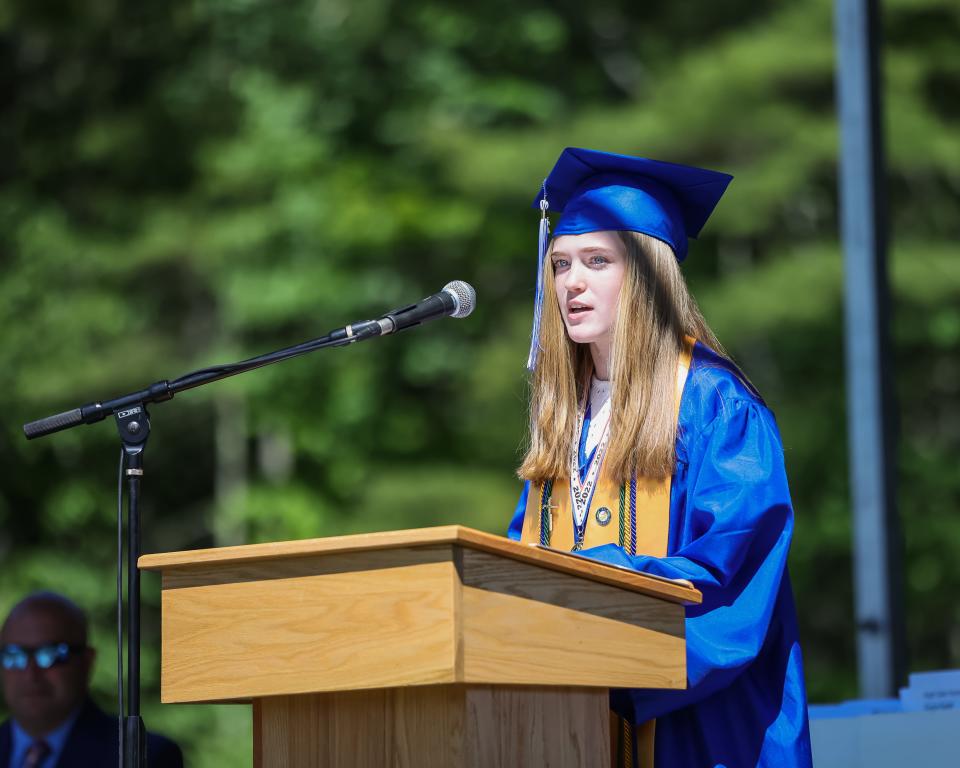 Sofie Dumas gives the Valedictory Address during the Kennebunk High School commencement ceremony on Sunday, June 5, 2022.