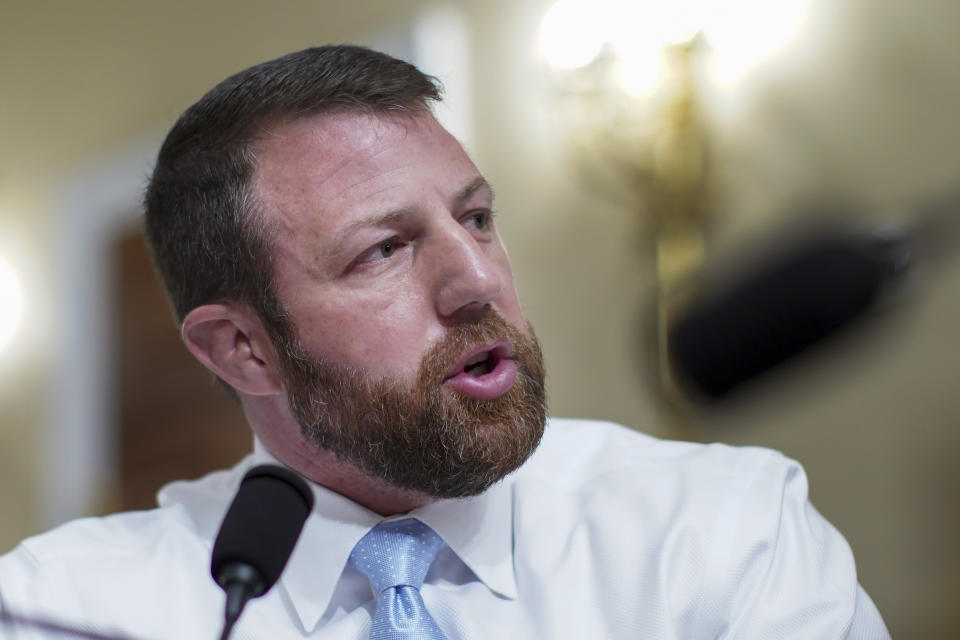 FILE. - Rep. Markwayne Mullin, R-Okla., speaks during a House Intelligence Committee hearing on Capitol Hill in Washington, April 15, 2021. Mullin is vying to be the Senate Republican candidate to replace retiring Sen. Jim Inhofe in the Republican primary on Tuesday, June 28, 2022. (Al Drago/Pool via AP, File)