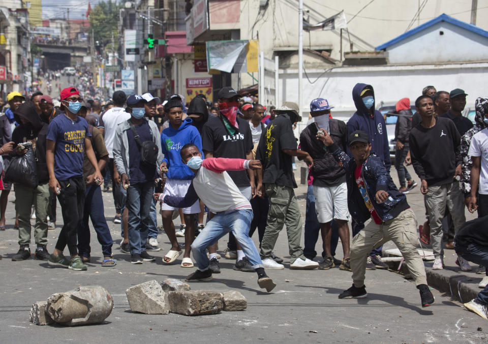 Anti-election demonstrators protest in Antananarivo, Saturday Nov. 11, 2023. Madagascar's Andry Rajoelina is pushing ahead with a presidential election, Thursday, Nov. 16 that could give him a third term, even as opposition protests roil the country and the majority of candidates have announced a boycott. (AP Photo/Alexander Joe)