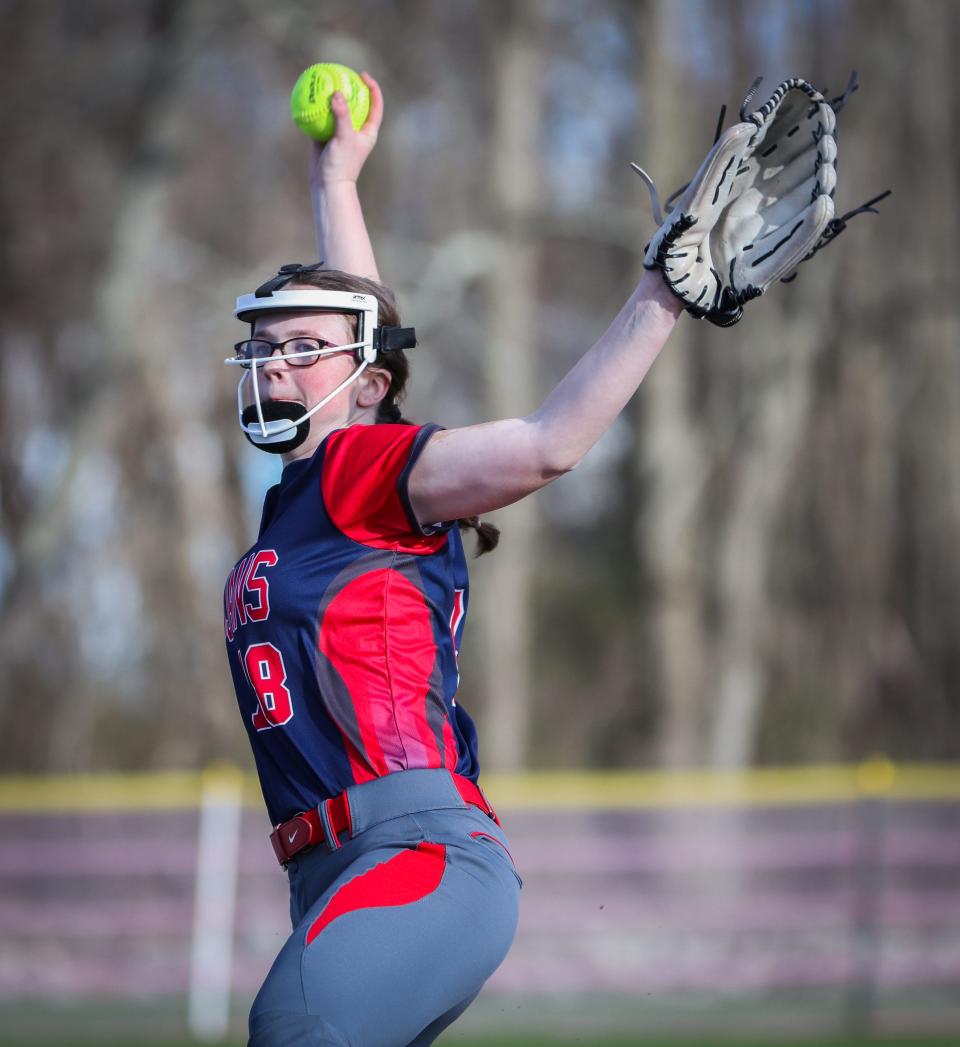 Bridgewater-Raynham's Lily Welch pitches during a game against Braintree on Friday, April 8, 2022.