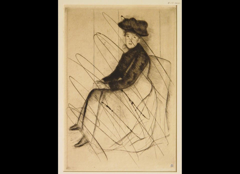 In this undated photo released by the New York Public Library, a cancelled print entitled “reflection,” by American Artist Mary Cassatt is shown. Cassatt would make no more than 25 impressions from a single plate and then would incise the plate with a dry point needle so no one could pull any images from it again, said Madeleine Viljoen, curator of the library’s print collection. Eighty-eight examples of Cassatt’s work as a printmaker will be on display at the New York Public Library starting Friday, March, 8, 2013, in an exhibit entitled “Daring Methods: The Prints of Mary Cassatt.” (AP Photo/New York Public Library, Mary Cassatt)