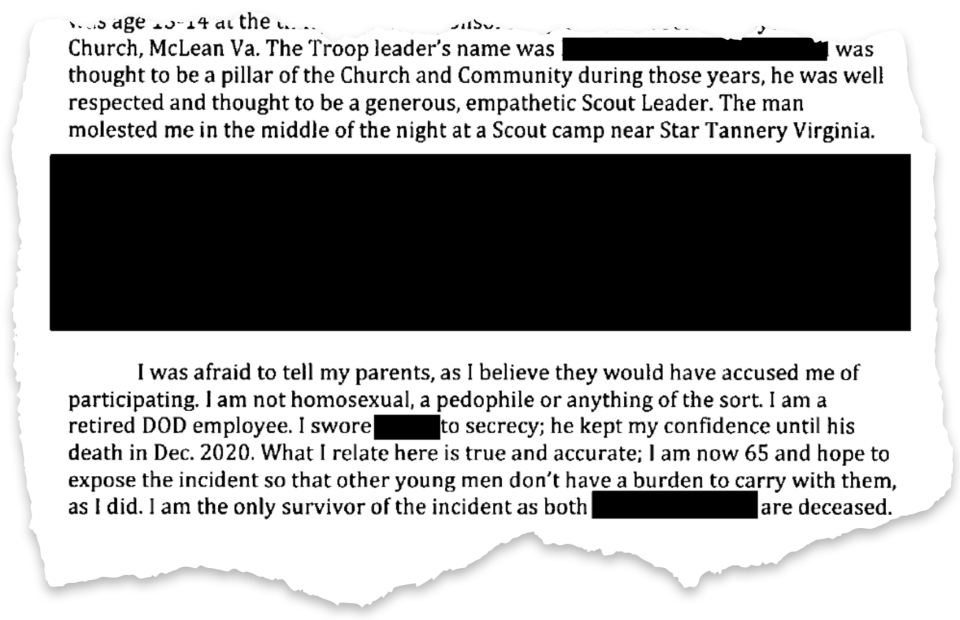 One of hundreds of letters sent to Judge Laurie Silverstein in the Boy Scouts bankruptcy case depicting stories of sexual abuse. Many of the graphic details have been redacted.