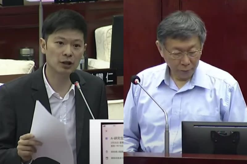 ▲國民黨台北市議員李柏毅在市政總質詢時，質疑體育局長李再立公器私用又飆罵下屬，不過柯文哲也坦言自己罵得比他更兇，無法批評他什麼。（圖／翻攝台北市議會直播系統）