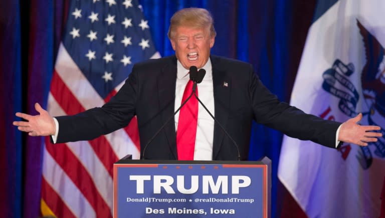 Republican presidential candidate Donald Trump addresses his supporters in Des Moines, on February 1, 2016