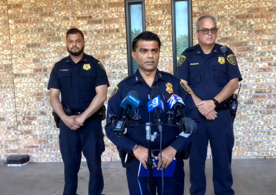 Houston Police Department Assistant Chief Yasar Bashir (at center) updates the media about child death investigation at 5901 Long Drive in southeast Houston on August 8, 2023.