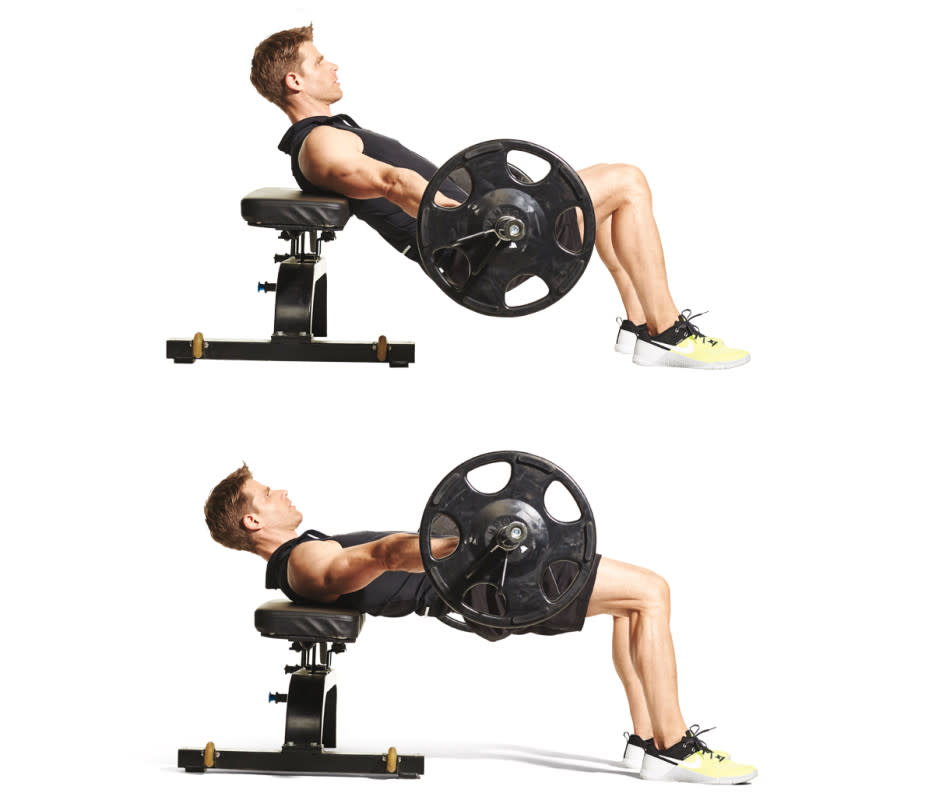 How to do it:<ol><li>Rest your upper back on a bench and sit on the floor with legs extended.</li><li>Roll a loaded barbell up your thighs until the bar sits on your lap (you may want to place a towel or mat on your hips or attach a pad to the bar for comfort).</li><li>Brace your abs and drive your heels into the floor to extend your hips, raising them until your thighs and upper body are parallel to the floor. </li></ol>Target areas:<ul><li>hip abductors</li><li>glutes</li><li>quads</li><li>hamstrings</li></ul>Pro tip:<p>Keep your feet flat on the floor for the entire rep, resisting going up onto the balls of your feet. To help with this, make sure your knees are bent at a 90-degree angle.</p>Variation:<p>Try this move with a dumbbell in each hand, a medicine ball on your lap, or a barbell with no plates. </p>