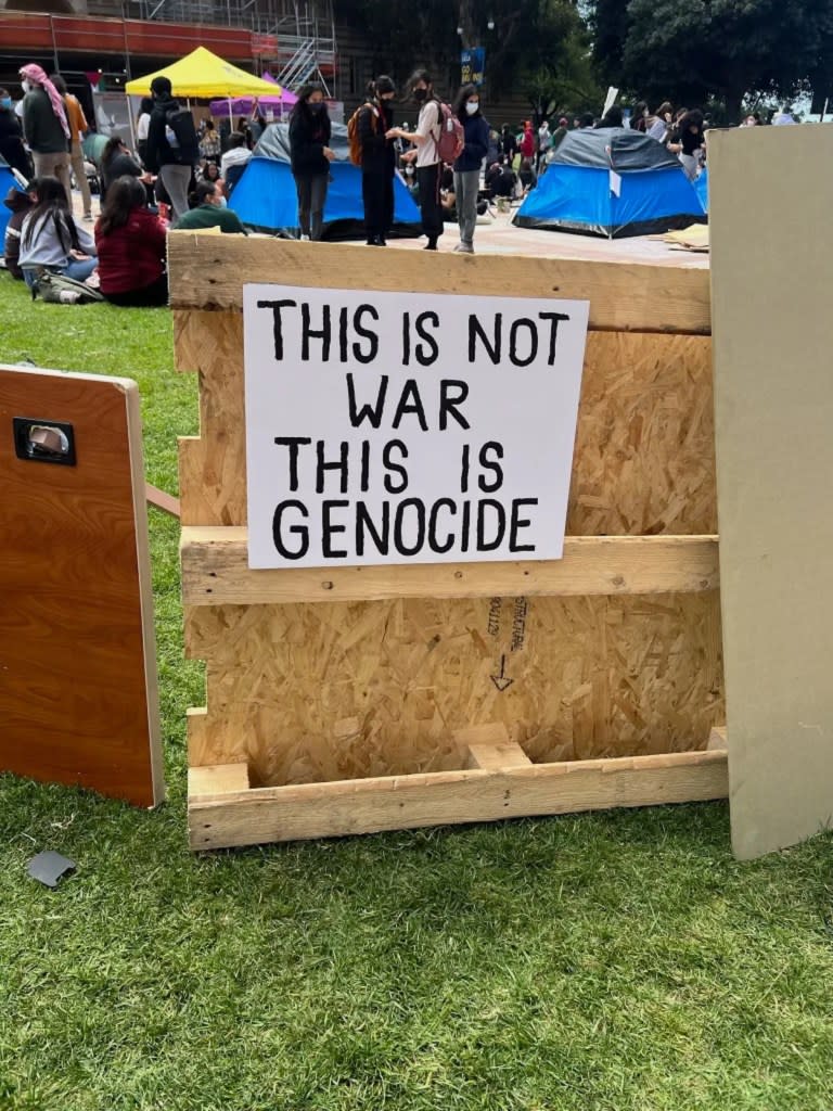 A sign at Thursday’s encampment protest at UCLA (Credit: Raquel “Rocky” Harris for TheWrap)