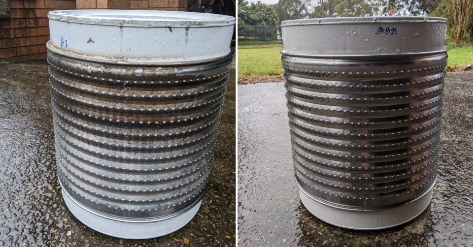 Left: A washing machine drum covered in slime and grime. Right: The drum once cleaned