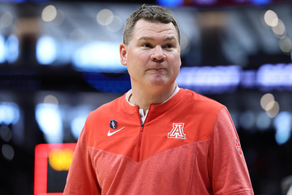 Mar 16, 2023; Sacramento, CA, USA; Arizona Wildcats head coach Tommy Lloyd reacts during the second half at Golden 1 Center. Mandatory Credit: Kelley L Cox-USA TODAY Sports