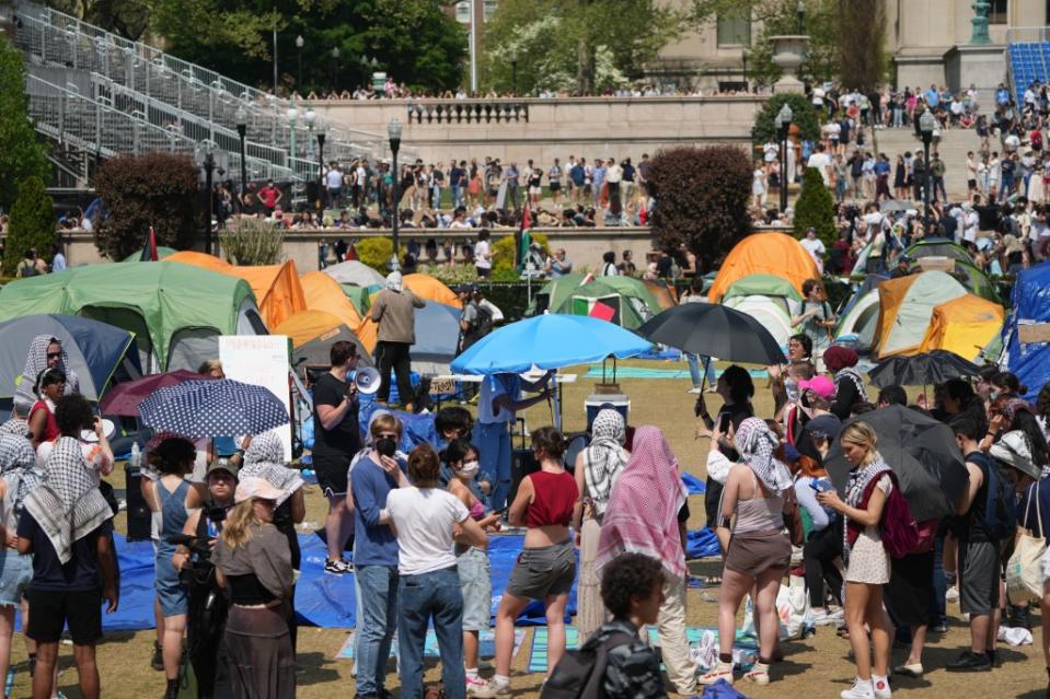 Protesters gathered at a pro-Palestinian encampment on Columbia University’s lawn. James Keivom