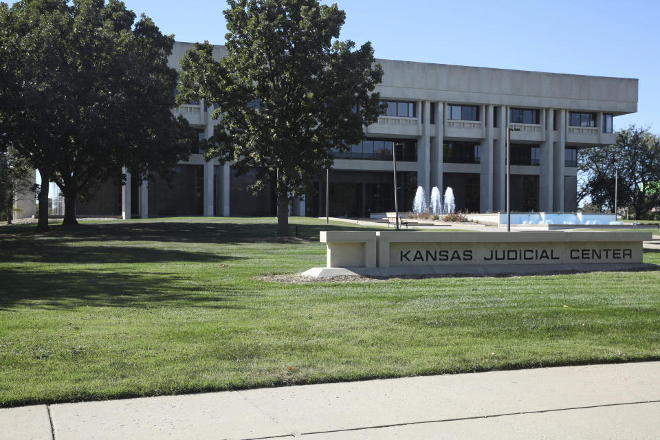 This photo shows the Kansas Judicial Center, home to the state Supreme Court, on Tuesday, Oct. 17, 2023, in Topeka, Kans. Multiple computer systems for almost all of the state's courts have been knocked offline by what officials are calling a "security incident." (AP Photo/John Hanna)