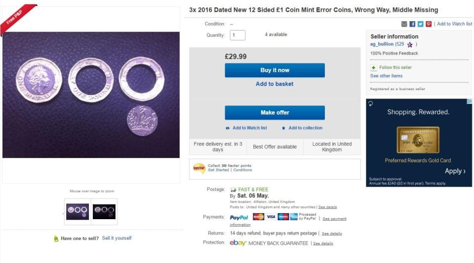 Three pound coins with minting errors for sale on eBay - Credit: eBay