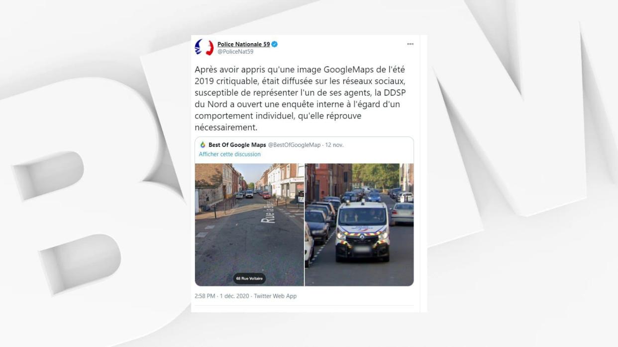 Un policier a été pris en photo sur Google Maps en train de faire deux doigts d'honneur à Roubaix. - Capture d'écran Twitter/BFMTV