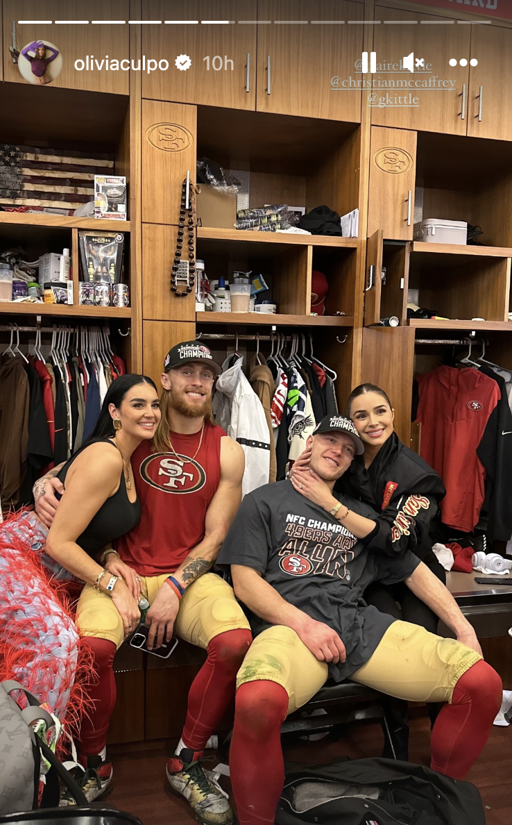 olivia culpo celebrates with her fiance after playoff win