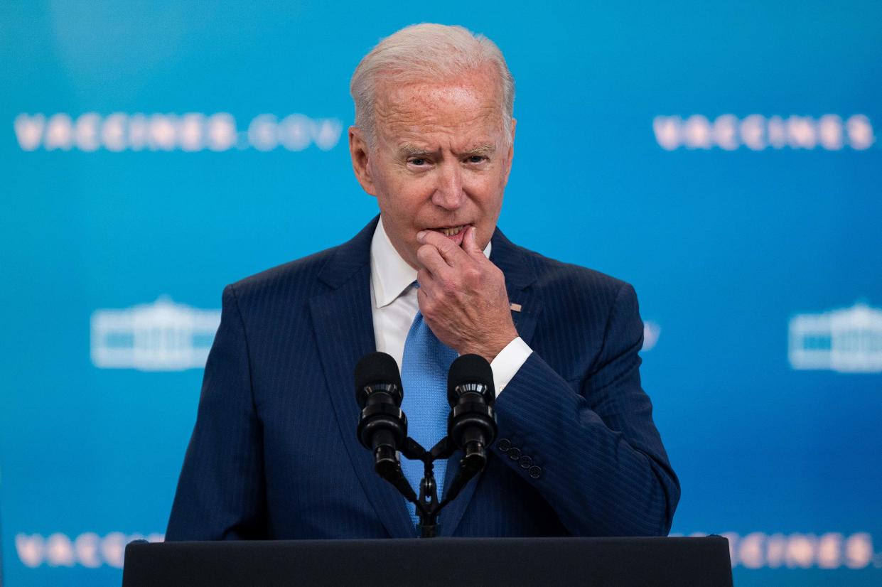 US President Joe Biden delivers remarks on the Covid-19 response and the vaccination program at the White House on August 23, 2021 in Washington,DC. - The US Food and Drug Administration on Monday fully approved the Pfizer-BioNTech Covid vaccine, a move that triggered a new wave of vaccine mandates as the Delta variant batters the country.Around 52 percent of the American population is fully vaccinated, but health authorities have hit a wall of vaccine hesitant people, impeding the national campaign. (Photo by JIM WATSON / AFP) (Photo by JIM WATSON/AFP via Getty Images)