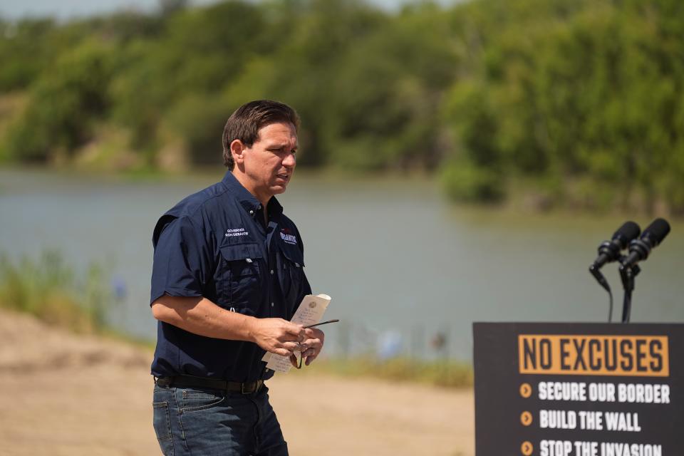 Republican presidential candidate Florida Gov. Ron DeSantis arrives for a news conference along the Rio Grande near Eagle Pass, Texas, Monday, June 26, 2023. (AP Photo/Eric Gay)