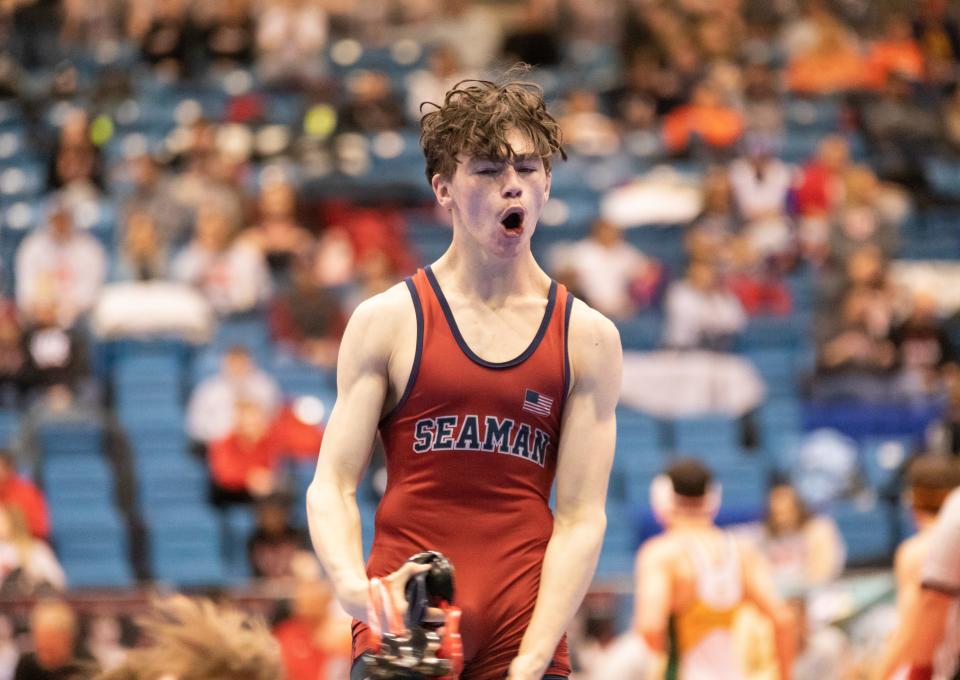 Topeka Seaman sophomore Colin Little celebrates during the 5A Boys State Wrestling Tournament in Park City, Kansas on Saturday, Feb. 26, 2022.
