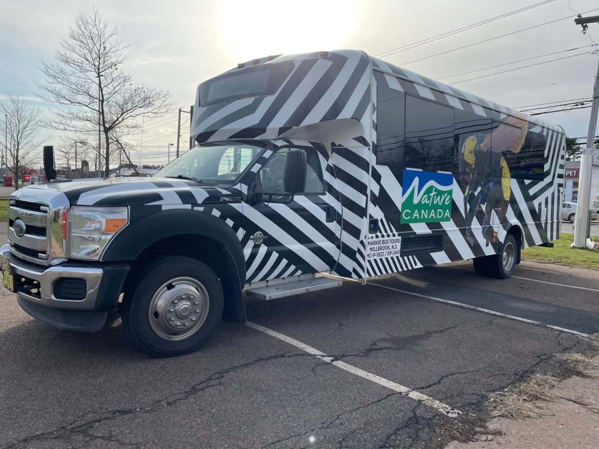 The NatureBus, one of three making its way to a biodiversity conference in Montreal from different parts of Canada, made a stop in Charlottetown on Saturday. (Tony Davis/CBC - image credit)