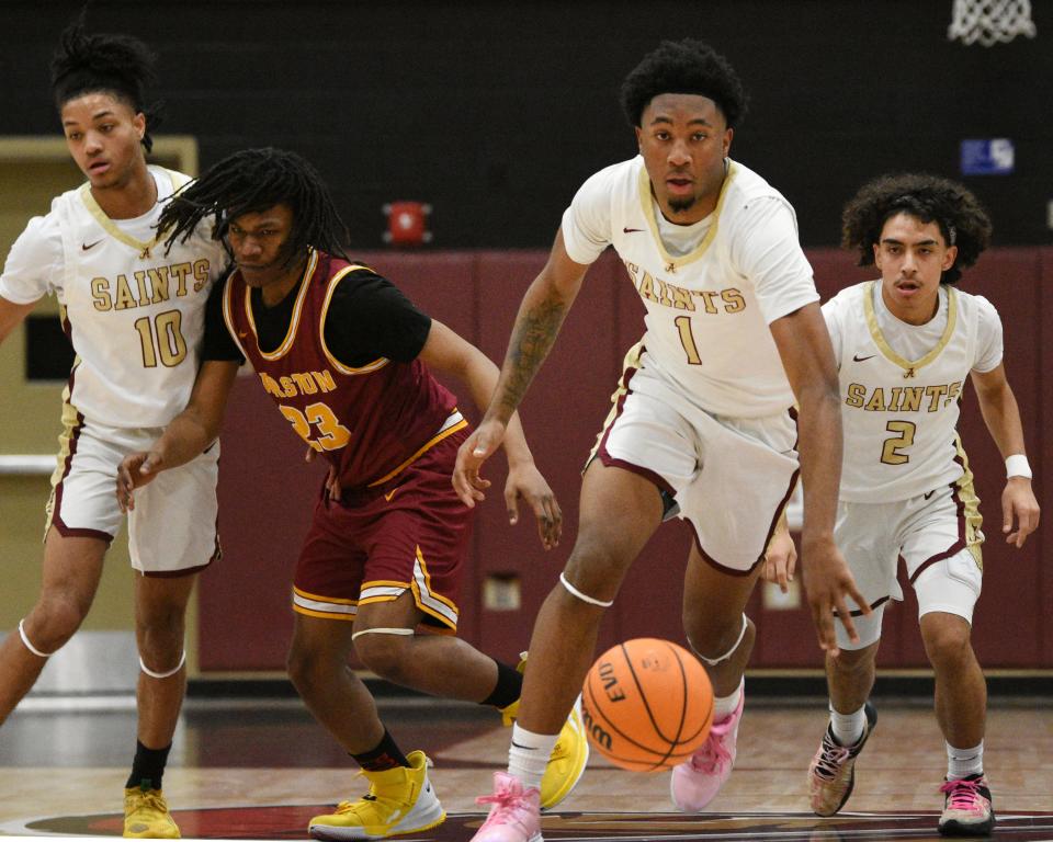 Adelanto’s Komari Lewis dribbles up the court during the first half against Barstow on Tuesday, Jan. 2, 2024. Adelanto beat Barstow 92-60 to begin Desert Sky League play.