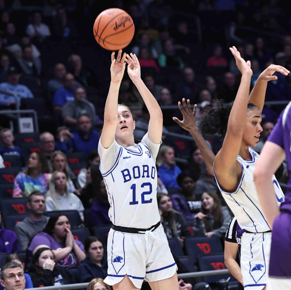 Springboro guard Bryn Martin (12) shoots the ball during the Panthers' win over Pickerington Central in the OHSAA state tournament Friday, March 15, 2024.