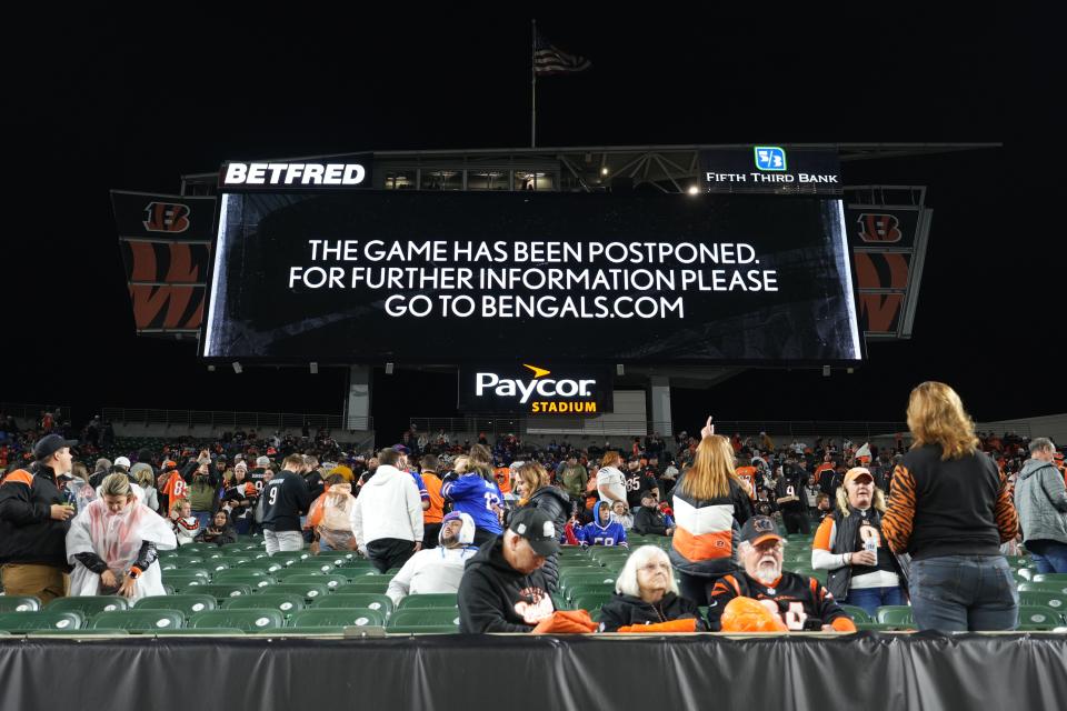 CINCINNATI, OHIO - JANUARY 02: An announcement is displayed on the scoreboard as the game between the Cincinnati Bengals and the Buffalo Bills is postponed following the injury of Damar Hamlin #3 of the Buffalo Bills during the first quarter at Paycor Stadium on January 02, 2023 in Cincinnati, Ohio. (Photo by Dylan Buell/Getty Images)