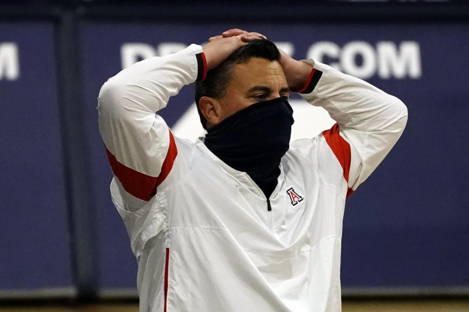 Arizona head coach Sean Miller during the first half of an NCAA college basketball game against Colorado, Monday, Dec. 28, 2020, in Tucson, Ariz. (AP Photo/Rick Scuteri)