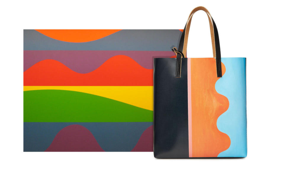 Turn this vibrantly colored graphic wall drawing by Sol Lewitt on its side, add some black, and voilà — you have this cheerily surreal tote bag by Marni.