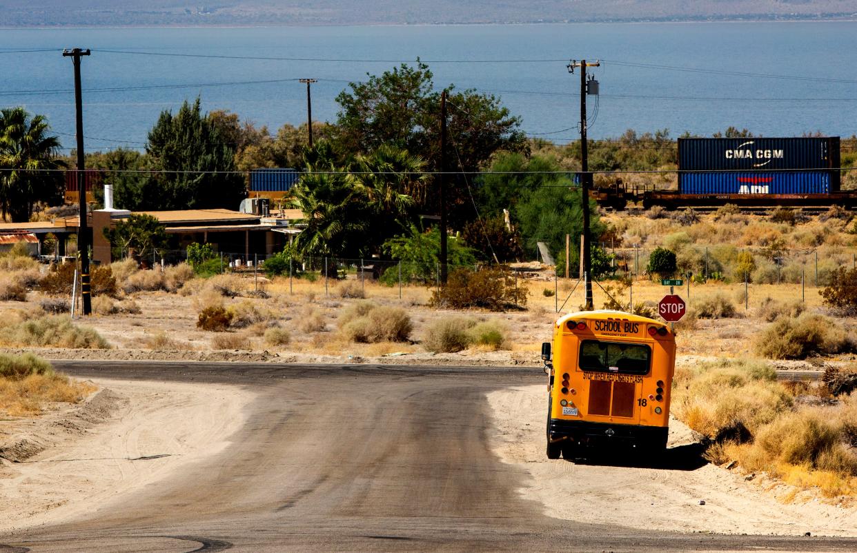 A Coachella Valley Unified School District bus equipped with internet hotspot technology in North Shore in 2020, when classes were being held online. Classes are now back in person, but buses are frequently running late.
