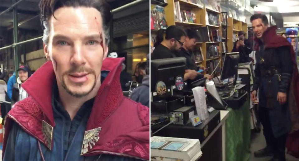 Benedict Cumberbatch visits a comic shop dressed as Doctor Strange. (Twitter/Scott Derrickson)