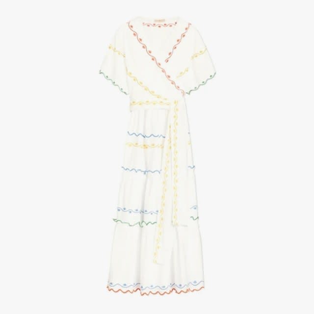 Tory Burch scalloped embroidered wrap dress, $419, toryburch.com