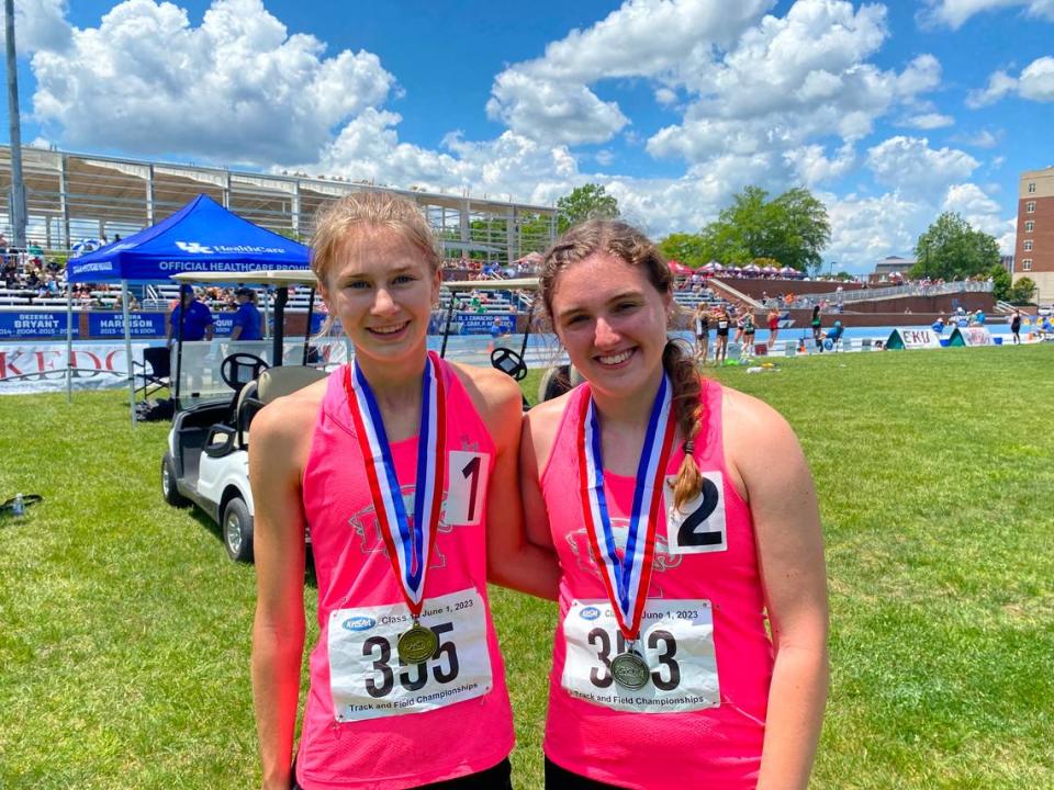 Annie Sewell, left, and Lillian Samford finished first and second, respectively, in the 800 meters Thursday and also were part of Lexington Christian’s winning 4-by-800 relay team.