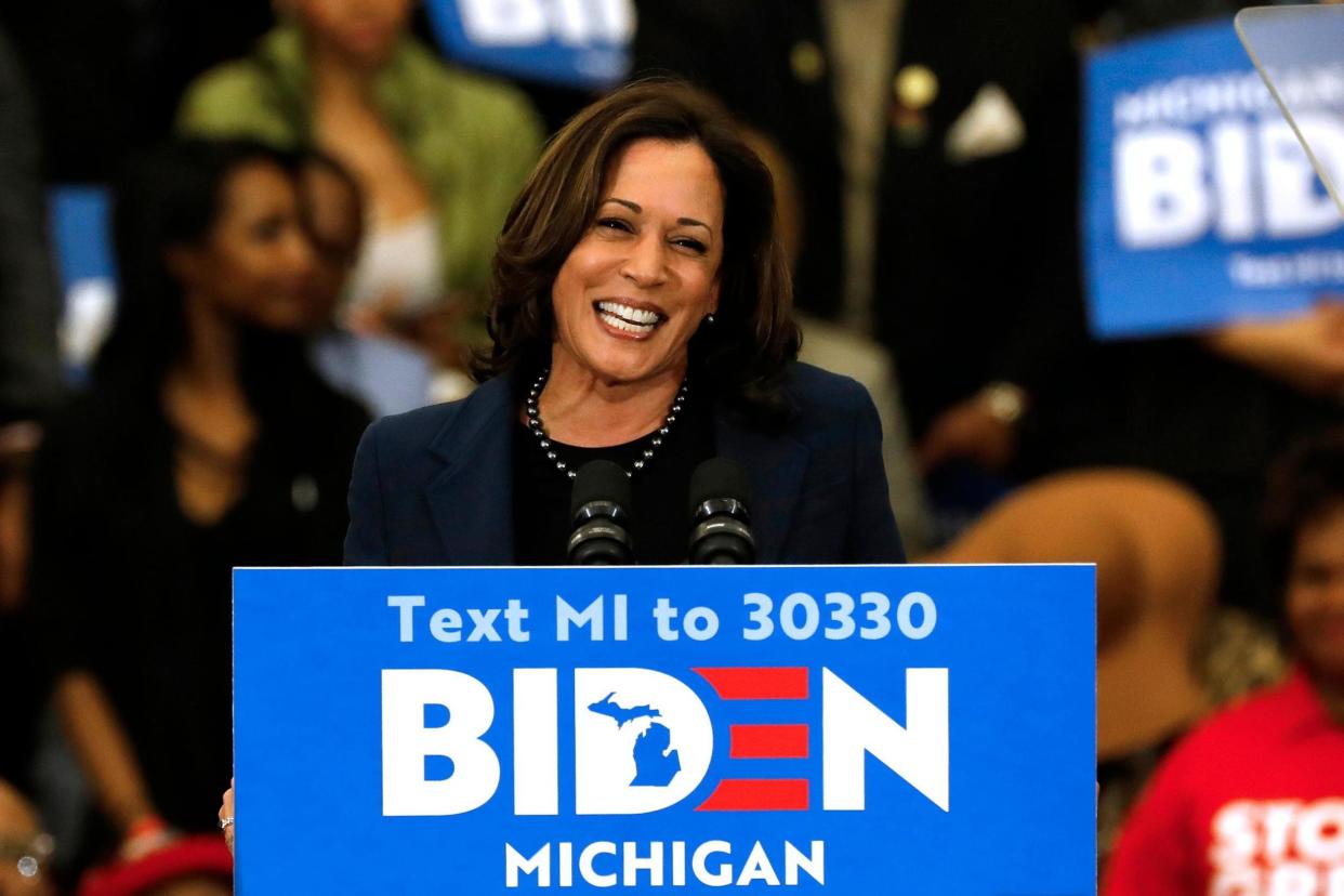 Kamala Harris endorses Joe Biden during a rally in Detroit, Michigan on 9 March 2020: JEFF KOWALSKY/AFP via Getty Images