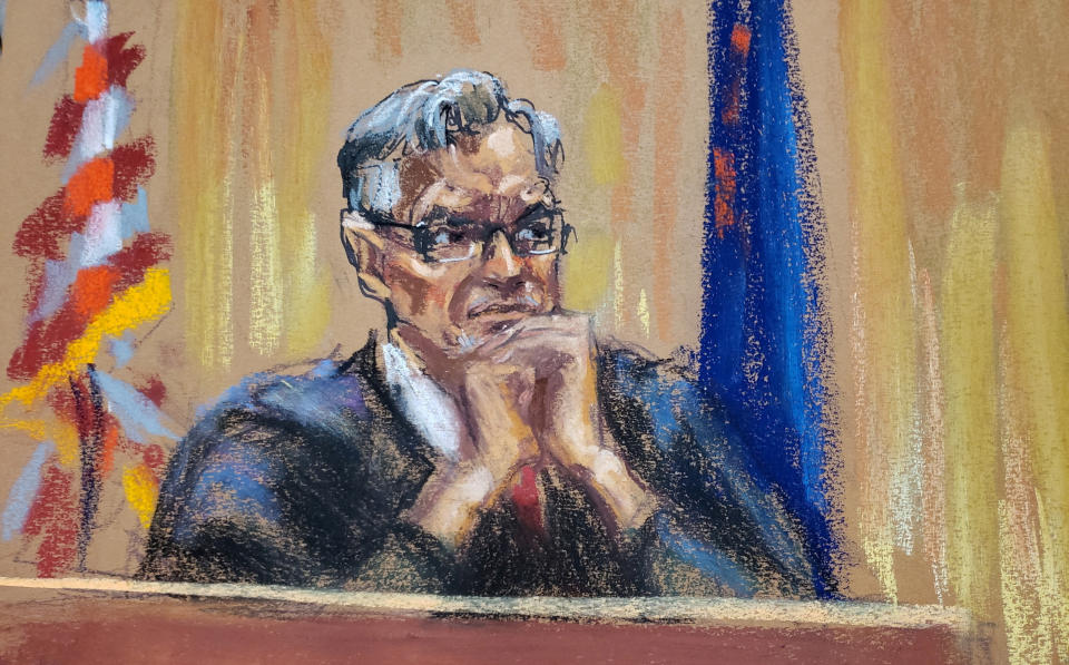 A courtroom sketch of Judge Juan Merchan presiding over the Trump Organization's criminal tax trial in November 2022. 