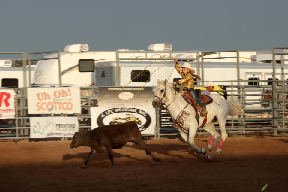 Bristal Busby, at the age of 8, takes a run at the Women's Breakaway Roping during the 78th Annual Will Rogers Range Riders Rodeo in this file photo.