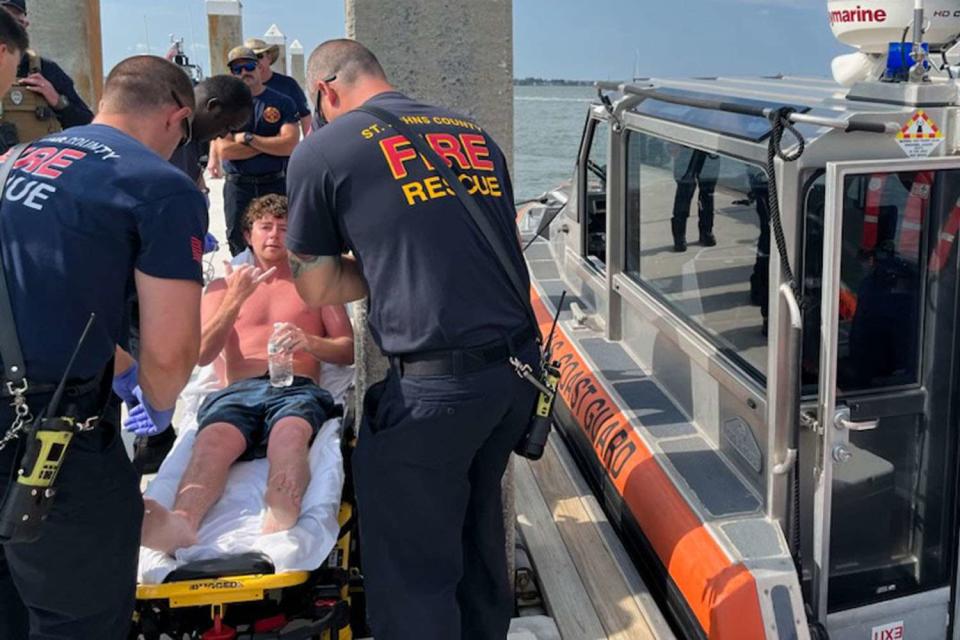 <p>Coast Guard Station Mayport</p> EMS transfer Charles Gregory to a local hospital after Coast Guard crews rescued him off a partially submerged 12-foot jon boat 12 miles offshore St. Augustine, Florida, Aug. 5, 2023.