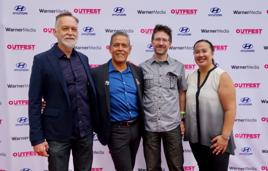 L-R Producer John Johnston, director Dante Alencastre, editor Andrew Kimery, composer Merissa Magdael-Lauron at Outfest - Credit: Courtesy of Matthew Carey