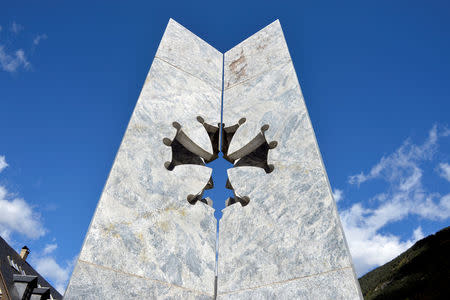 A sculpture dedicated to the Aranese language stands in Vielha, in the Val d'Aran, Catalonia, Spain October 6, 2017. Picture taken October 6, 2017. REUTERS/Vincent West