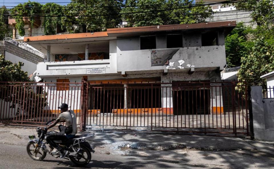 The two-story building with bullet holes where a shootout with Colombian soldiers and Haitian police took place after the July 7, 2021, assassination of Haitian President Jovenel Moïse.