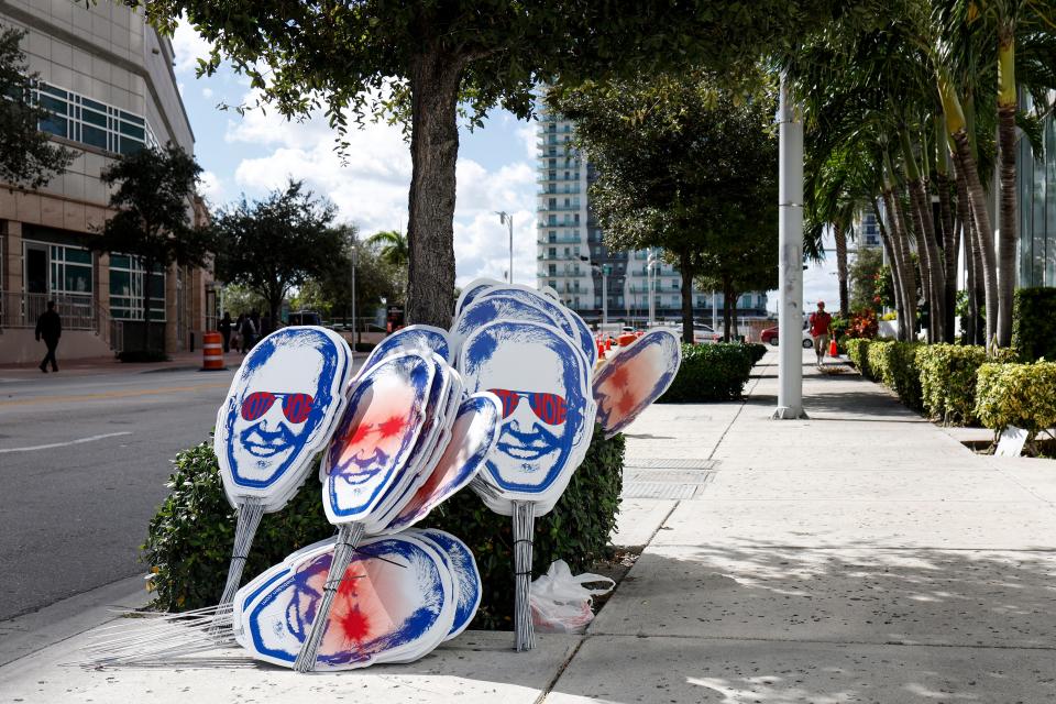 Campaign signs for President Joe Biden on Nov. 08, 2023, in Miami.