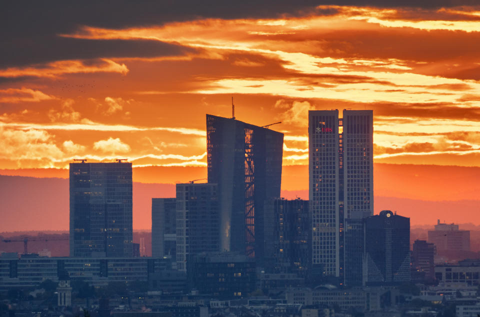 The European Central Bank, centre, is pictured before sunrise in Frankfurt, Germany, Thursday, Oct. 26, 2023. The ECB's governing council will meet in Athens on Thursday. (AP Photo/Michael Probst)