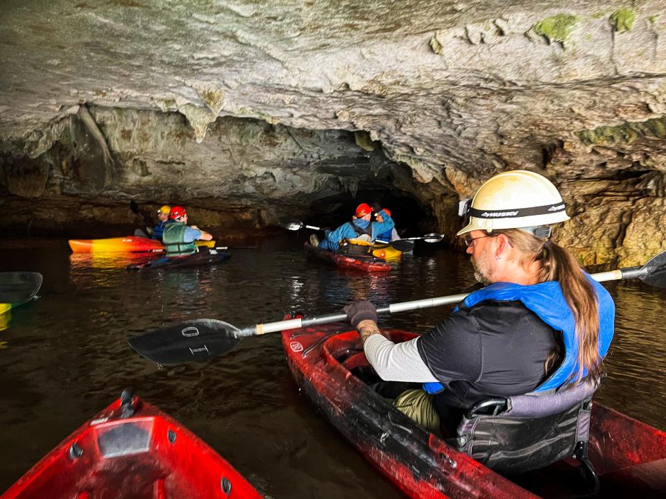 Trent Holloway paddles into Sequiota Cave March 4, 2022.